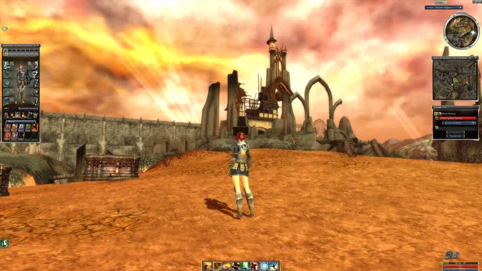Capture d'écran du jeu vidéo Guild Wars Reforged montrant un personnage féminin vu de dos face à des ruines imposantes sous un ciel jaune et orange dramatique.