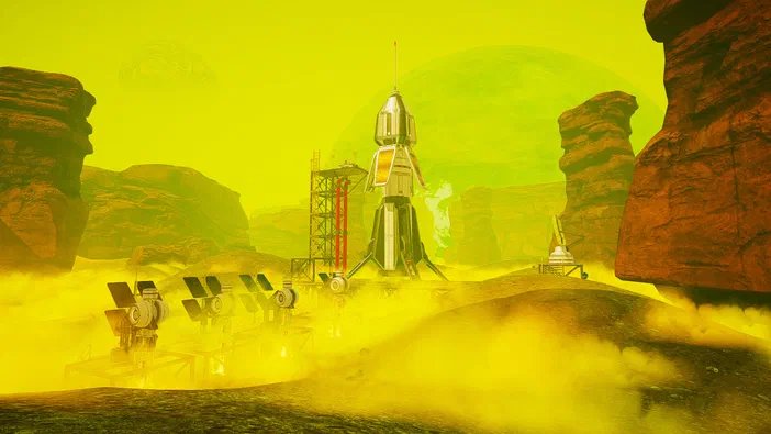 Capture de The Planet Crafter montrant un vaisseau spatial au centre d'une base sur un terrain rocheux avec des formations géologiques et un ciel jaune verdâtre.
