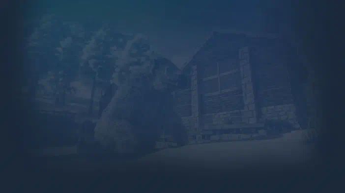 Un dinosaure à fourrure assis devant une maison en pierre dans un décor sombre et bleuté du jeu ARK: Survival Evolved.