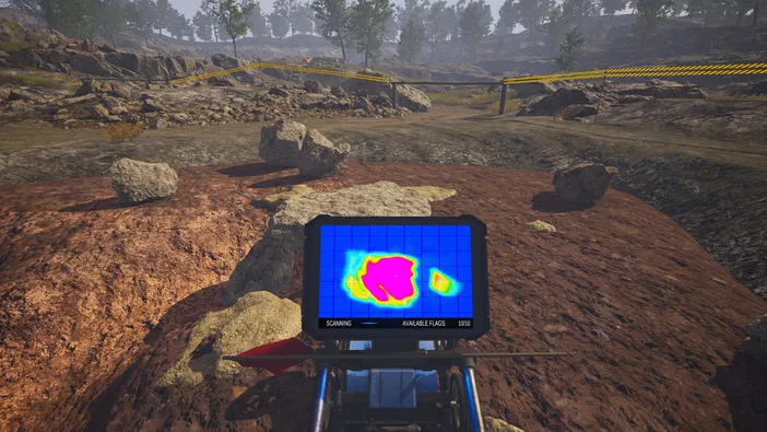 Dans le jeu Dinosaur Fossil Hunter, une interface de scan thermique affiche des données colorées sur un terrain rocheux.