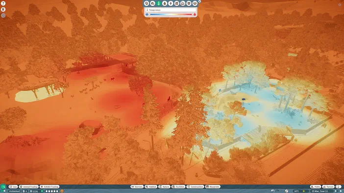 Capture d'écran du jeu Planet Zoo montrant une vue aérienne d'un zoo avec des animaux comme des chevaux et l'interface utilisateur affichant la température.