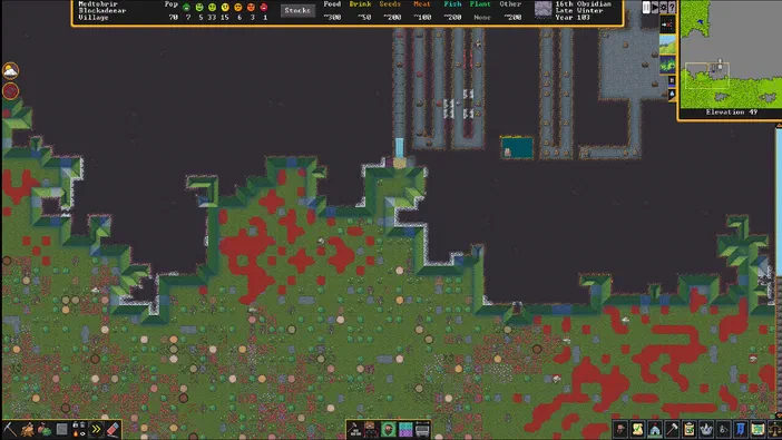 Capture d'écran du jeu vidéo Dwarf Fortress affichant une vue stratégique des terrains, cours d'eau et structures souterraines accompagnée des informations sur la population.