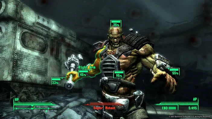 Capture d'écran de Fallout 3 montrant un Super Mutant dans une zone post-apocalyptique avec des indicateurs de santé et d'armure.