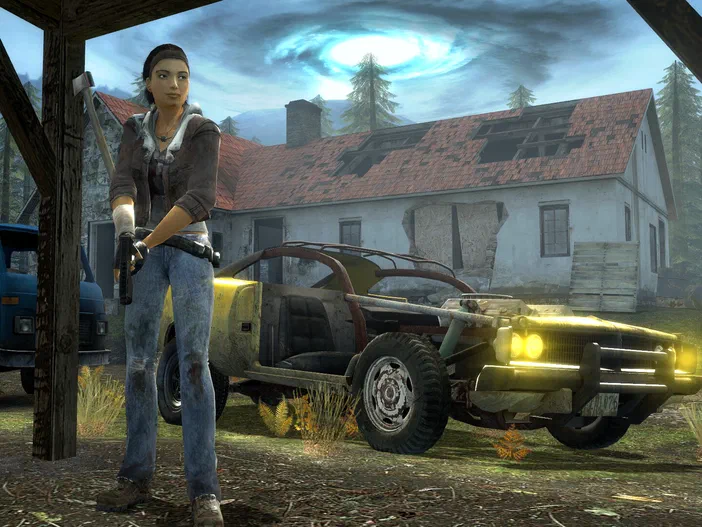 Capture d'écran du jeu vidéo Half-Life 2 montrant un personnage tenant une arme à côté d'un véhicule abîmé devant une maison en ruine sous un ciel orageux.