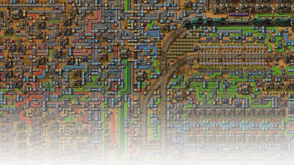 Factorio Vue de dessus d'une usine complexe dans le jeu vidéo Factorio, montrant des réseaux de tuyaux rouges et verts, des trains sur rails et une multitude de blocs mécaniques alignés pour la production industrielle.