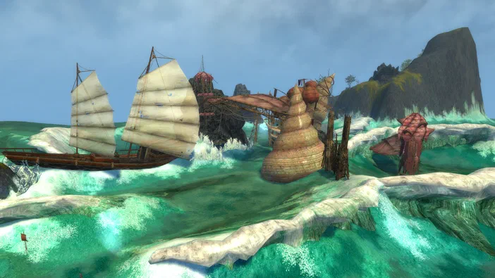 Capture d'écran du jeu Guild Wars Reforged montrant un navire à grandes voiles blanches naviguant sur des eaux turquoise entourées de structures en forme de coquillages géants dans un paysage maritime fantastique.