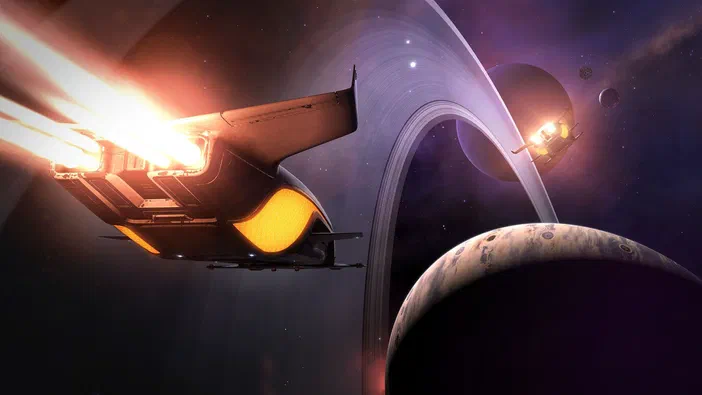 Vaisseau spatial futuriste volant dans l'espace profond, planètes et anneaux visibles à l'arrière-plan
