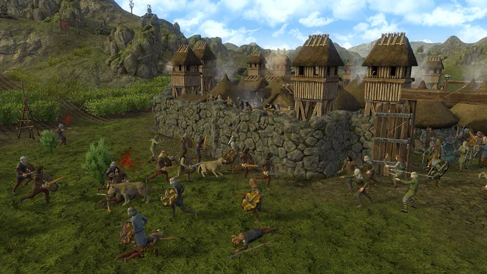 Capture d'écran du jeu vidéo Dawn of Man montrant un village préhistorique assiégé par des loups géants et des hommes armés en situation de combat.
