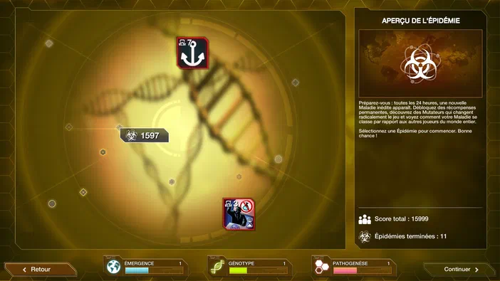 Capture d'écran de l'interface de sélection d'une épidémie dans le jeu Plague Inc: Evolved, affichant les scores du joueur et des icônes biologiques avec un texte explicatif en français à droite.