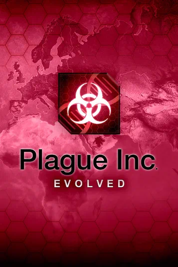 Logo du jeu vidéo Plague Inc. Evolved sur fond rouge avec carte mondiale et motifs hexagonaux.