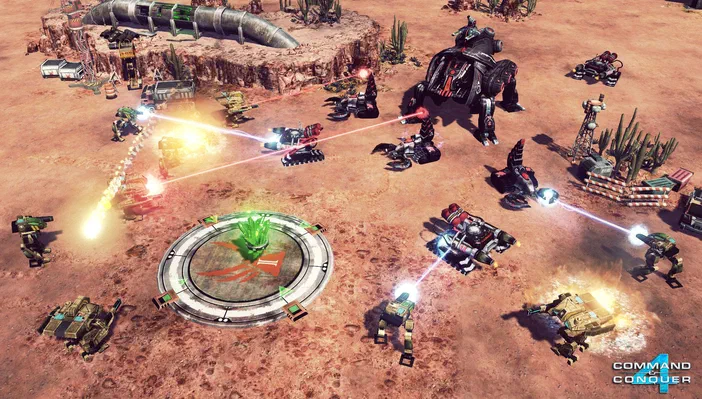 Capture d'écran du jeu de stratégie Command & Conquer™ 4 Tiberian Twilight avec des véhicules et robots tirant sur l'ennemi au milieu d'un paysage désertique rocailleux.