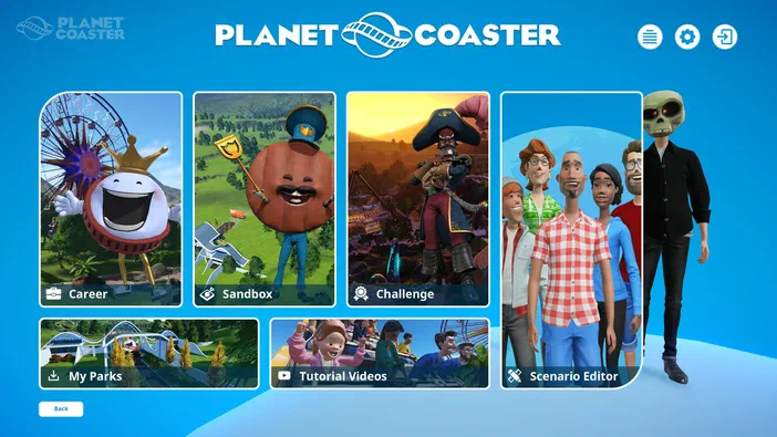 Interface principale du jeu vidéo Planet Coaster affichant les options de menu Career, Sandbox et Challenge.
