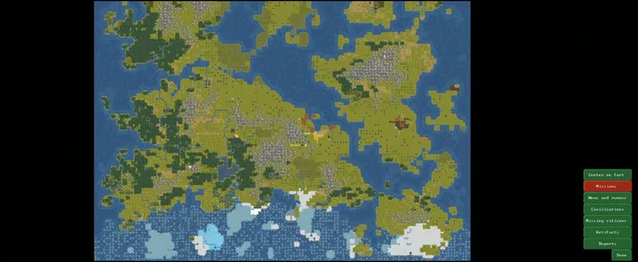 Carte du monde de la partie en cours dans le jeu vidéo Dwarf Fortress, affichant des reliefs et une interface utilisateur sur la droite.