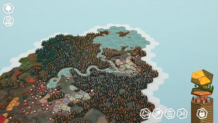 Capture d'écran du jeu Dorfromantik présentant une vue isométrique d'une carte hexagonale en cours de développement avec des forêts, un fleuve et quelques maisons construites par le joueur.