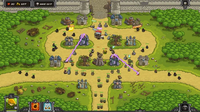Capture d'écran du jeu vidéo Kingdom Rush montrant des tours défensives et des unités sur une carte de type tower defense, avec l'affichage de la vie, de l'or et des vagues en cours.