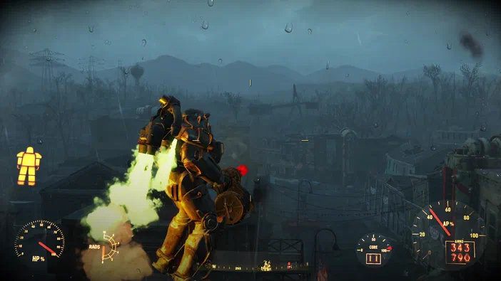 Capture d'écran du jeu vidéo Fallout 4 montrant un personnage en armure utilisant des propulseurs pour voler au-dessus d'un environnement post-apocalyptique, avec une interface utilisateur affichant la santé et le rayonnement.