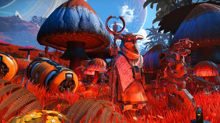 Capture d'écran du jeu vidéo No Man's Sky montrant des robots et un personnage au milieu de champignons géants rouges et bleus dans un paysage alien coloré sous le ciel bleu.