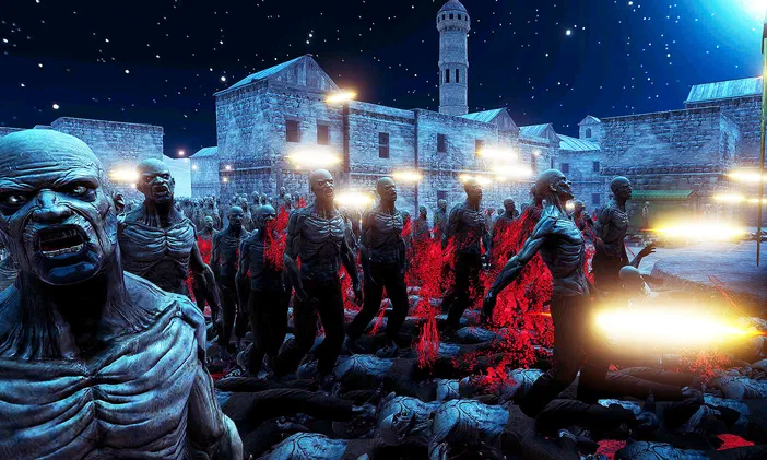 Dans Ultimate Epic Battle Simulator, une armée d'ennemis squelettiques avance vers le joueur devant des bâtiments en pierre sous un ciel nocturne étoilé avec des effets lumineux jaunes et rouges.