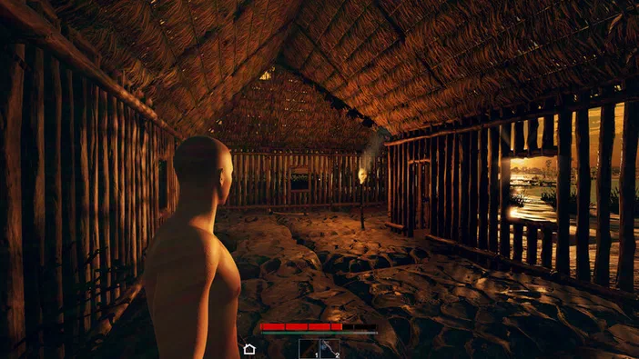 Dans le jeu vidéo Survisland, un personnage nu se tient dans une structure en bois et chaume avec des ouvertures donnant sur l'eau au coucher du soleil.