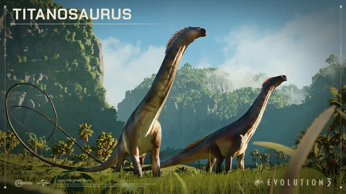 Deux sauropodes aux crêtes orange se tiennent dans un paysage préhistorique verdoyant sous le titre "TITANOSAURUS" et le logo de Jurassic World Evolution 3.