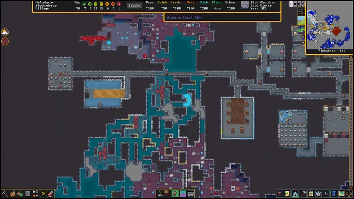 Capture d'écran du jeu vidéo Dwarf Fortress affichant la conception de bâtiments souterrains, les ressources disponibles et la population via une interface graphique en pixels.