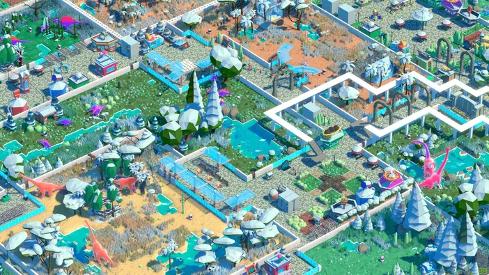 Capture d'écran du jeu vidéo Parkasaurus montrant une vue isométrique d'un parc de dinosaures avec des enclos colorés et divers animaux.