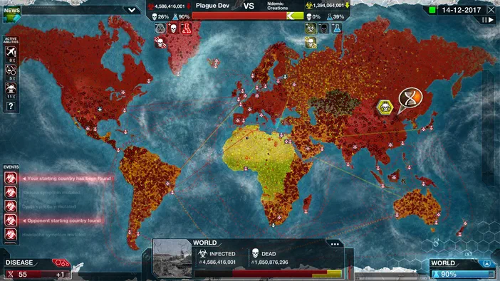 Capture d'écran du jeu vidéo Plague Inc: Evolved affichant une carte mondiale en rouge et orange représentant la progression d'une épidémie avec des statistiques multijoueur.