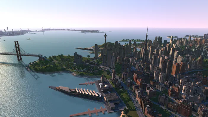 Capture d'écran du jeu vidéo Cities XL Platinum montrant une vue aérienne d'une ville côtière dense avec des gratte-ciels, un pont suspendu et des quais au bord de l'eau.