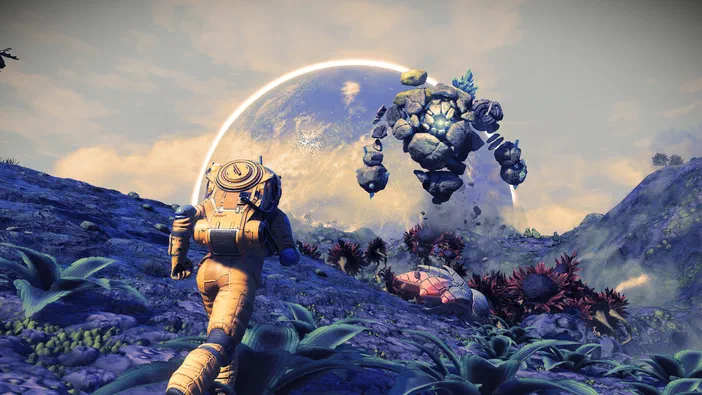 Dans le jeu vidéo No Man's Sky, un astronaute marche sur une planète aux couleurs violettes et bleues alors qu'un robot flottant se trouve devant lui.