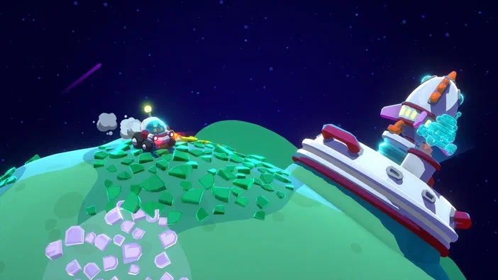 Capture du jeu vidéo Star Birds où un petit véhicule émettant une fumée roule sur des rochers verts parsemés de violet vers une base spatiale blanche imposante sous le ciel étoilé.