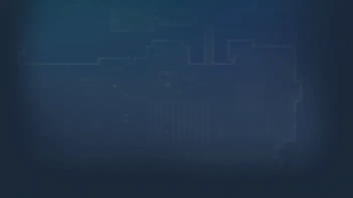 Fond d'écran du jeu vidéo Dwarf Fortress affichant une vue schématique de plans architecturaux flous en blanc sur un fond bleu foncé.