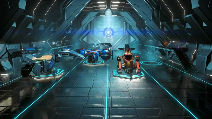 Un hangar futuriste dans No Man's Sky abrite plusieurs vaisseaux spatiaux de modèles variés alignés sur une plateforme.