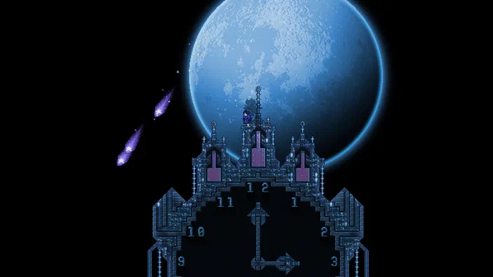 Capture d'écran du jeu vidéo Terraria présentant un personnage sur le toit d'une structure ressemblant à une horloge, construite de blocs bleutés et roses, face à une immense lune dans un ciel noir traversée par deux météores violets.