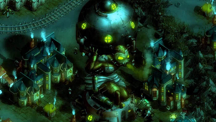 Dans le jeu vidéo They Are Billions, un homme en combinaison avec un casque sphérique aux yeux jaunes se tient au centre d'une base industrielle entourée de bâtiments fumants dans une ambiance sombre et apocalyptique.