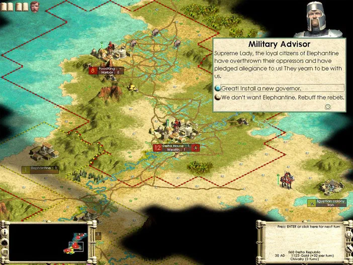 Capture d'écran du jeu Sid Meier's Civilization III montrant une carte de stratégie avec des villes et un dialogue militaire.