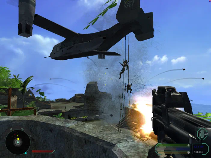 Dans le jeu vidéo Far Cry, un hélicoptère survole des ruines tandis que deux parachutistes descendent à proximité d'une explosion.