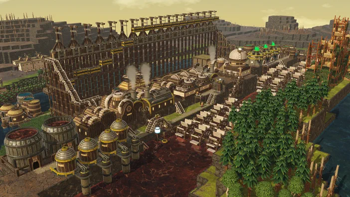 Screenshot du jeu vidéo Timberborn montrant une ville industrielle avec des bâtiments en bois et métal, des cheminées fumantes et de grandes roues dentées géantes au bord d'un ruisseau, entourée de collines rocheuses sous un ciel jaune.