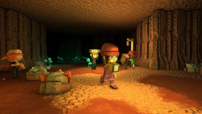 Dans une grotte aux murs texturés, plusieurs personnages stylisés se tiennent sur un sol rouge avec des champignons verts lumineux en arrière-plan.