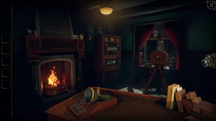 Capture d'écran du jeu vidéo The Room Three montrant une pièce sombre avec un feu dans la cheminée, des livres empilés sur une table et un appareil photo mécanique sur trépied devant une fenêtre ouverte.