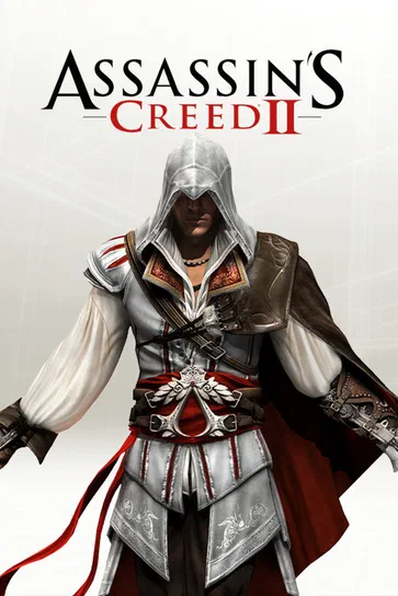 Personnage du jeu vidéo Assassin's Creed II portant un costume blanc à cape rouge.