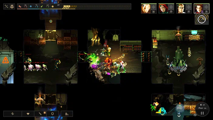 Capture d'écran du jeu Dungeon of the ENDLESS™ montrant une vue isométrique de plusieurs salles avec des personnages et des créatures dans un style graphique pixel art.