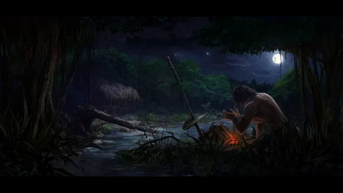 Dans le jeu vidéo Survisland, un personnage survit seul dans une forêt nocturne près d'un feu de camp avec un poisson accroché à une branche.