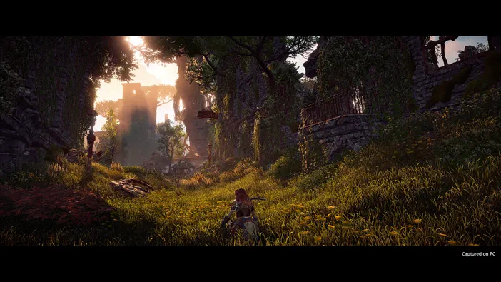 Capture d'écran du jeu Horizon Zero Dawn™ Complete Edition sur Steam montrant un personnage aux cheveux roux avec un équipement se tenant dans des ruines en pierre entourées de végétation sous les rayons du soleil.