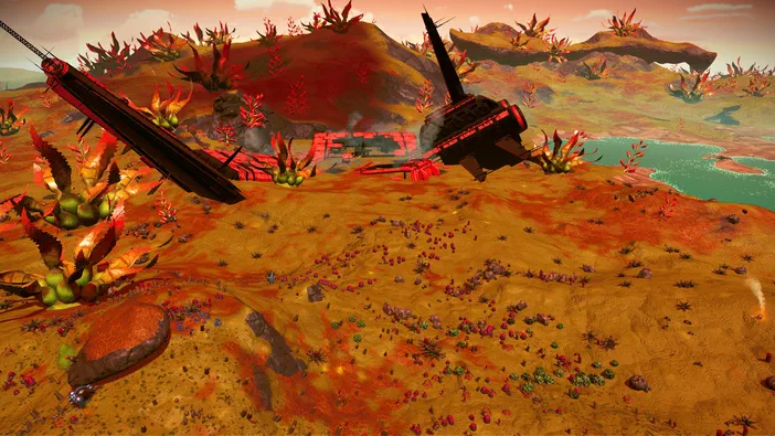 Dans No Man's Sky, un vaisseau spatial est visible à gauche devant deux épaves de cargos flottant dans le ciel d'un paysage désertique aux couleurs chaudes.
