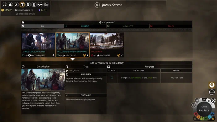 Capture d'écran de l'interface des quêtes dans le jeu vidéo Endless Legend affichant trois missions et les détails de la mission sélectionnée 'THE CORNERSTONE OF DIPLOMACY'.