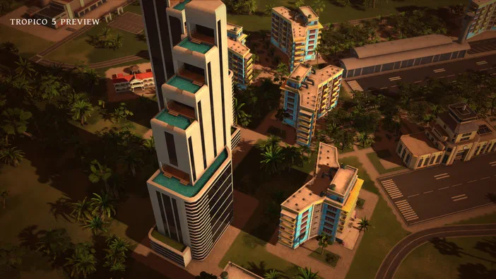 Capture du jeu vidéo Tropico 5 présentant une vue panoramique sur un quartier tropical avec des gratte-ciels modernes aux piscines sur les toits et des immeubles colorés entourés de végétation.