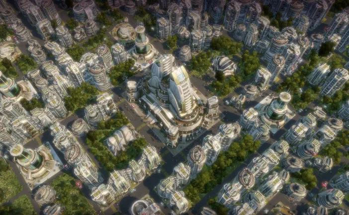 Capture d'écran du jeu vidéo Anno 2070 montrant une vue aérienne détaillée d'une mégapole futuriste avec des gratte-ciels blancs et de la végétation dense.
