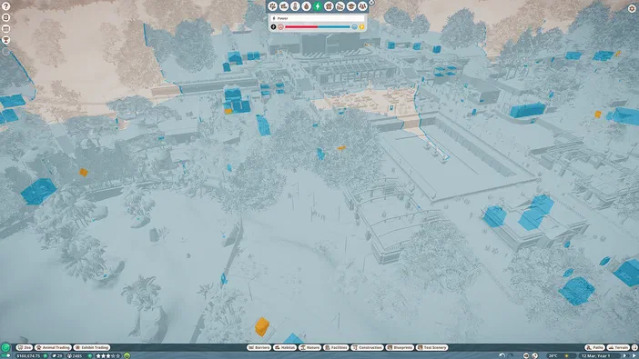 Vue aérienne d'un parc zoologique dans le jeu vidéo Planet Zoo, montrant des bâtiments bleus (enclos), une végétation dense et une interface utilisateur affichant les outils de construction, l'économie du joueur ($160k) et la date.