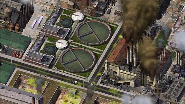 Vue aérienne d'une ville industrielle dans le jeu SimCity 4 avec des bassins de traitement et une usine émettant de la fumée noire.