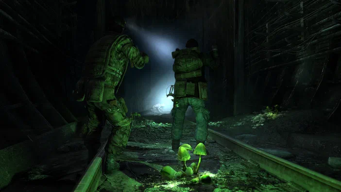 Deux personnages en tenue de combat dans un tunnel sombre avec des rails au sol et quelques champignons lumineux, l'un tenant une lampe torche qui éclaire une silhouette menaçante au fond.